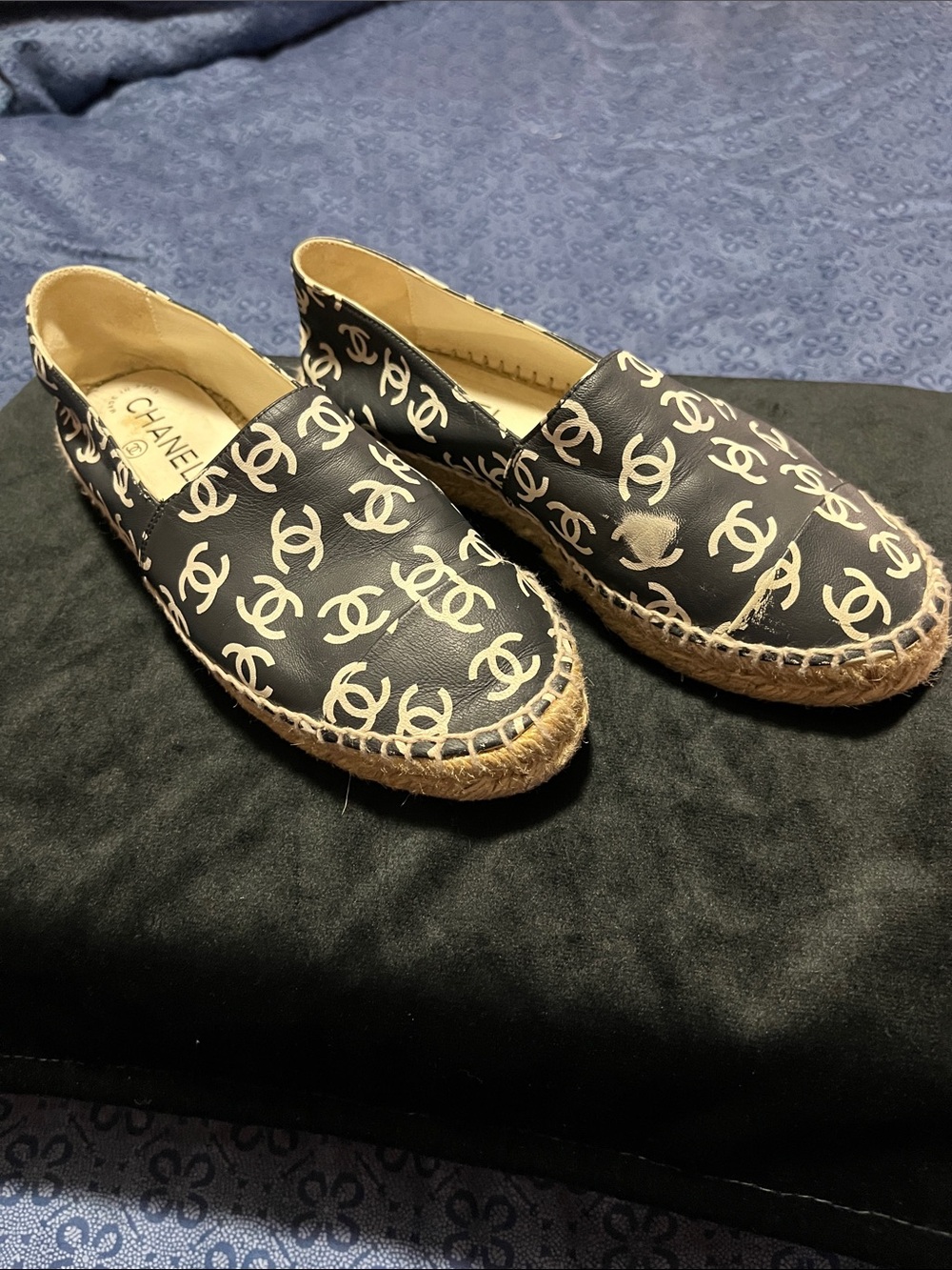 CHANEL Black Espadrille Slip-Ons with White CC Motif authentic